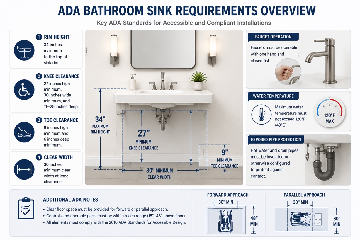 ADA bathroom sink requirements overview showing rim height, knee clearance, toe clearance, clear width, faucet operation, water temperature, exposed pipe protection, and wheelchair approach requirements